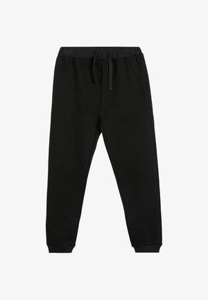 Pantalones de chándal negros hechos de tela suave, con una cinturilla elástica y cordón, dos bolsillos laterales y tobillos ajustados.