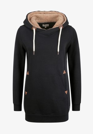 Fekete kapucnis pulóver, műszőrme gallérral, húzózsinóros részletekkel és háromszög alakú barna foltokkal az oldalán. Puha tapintású, hétköznapi dizájnnal.