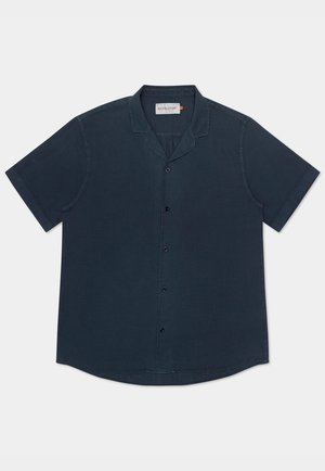 Korte mouwen knopenoverhemd in donkermarine, gemaakt van gestructureerde stof. Heeft een camp collar, een rechte zoom en zes zwarte knopen.