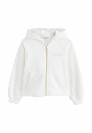 Fehér cipzáros kapucnis pulóver első zsebekkel, bordázott mandzsettákkal és diszkrét "Baker by Ted Baker" logóval a mellrészen, fehér háttéren megjelenítve.