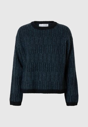 Ciemnoniebieski sweter z prążkowanego akrylu, z długimi rękawami, okrągłym dekoltem i lekko krótkim dołem.