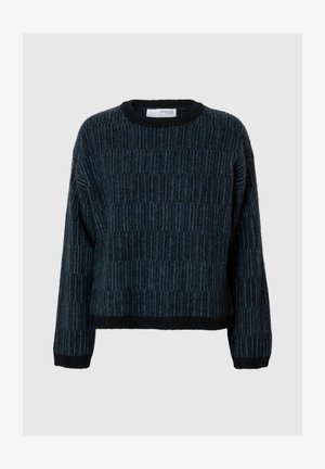 Ciemnoniebieski sweter z prążkowanego akrylu, z długimi rękawami, okrągłym dekoltem i lekko krótkim dołem.