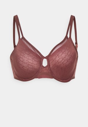 Ciemnobordowy biustonosz wykonany z prześwitującej siatki z kwiatowym wzorem, z fiszbinami, regulowanymi ramiączkami oraz małym dekoltem w kształcie klucza z przodu.