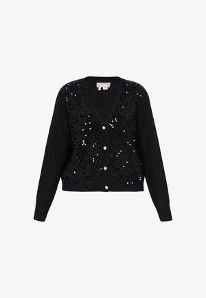 Fekete kardigán V-nyakkal, az elején miután flitterek díszítik. Hosszú ujjaival és gyöngyszerű gombjaival rendelkezik az elején.