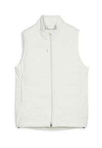 White puffer vest with high collar, front zip closure, and two side pockets. Features quilted texture with slightly padded sections.