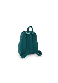 Zaino teal con spallacci in tessuto regolabili, scomparto principale con zip, tasca esterna piatta e una superficie testurizzata per la durata.