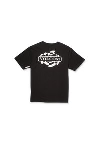 Schwarzes Baumwoll-T-Shirt mit einem großen weißen und karierten runden Logo auf dem Rücken und "VOLCOM"-Text, sowie einem kleinen Logo auf dem Ärmel.