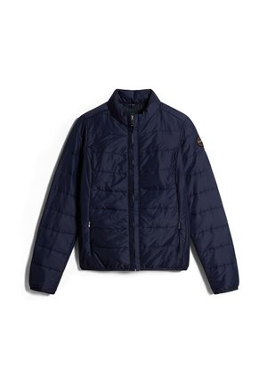 Dunkelblaue Steppjacke mit hohem Kragen, vertikalen Nähten, Reißverschluss vorne, seitlichen Taschen und einem Logo auf der linken Schulter.