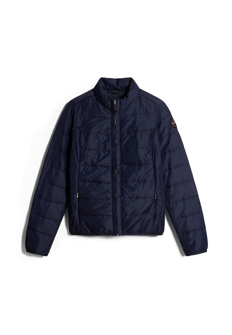 Giubbotto imbottito blu navy con colletto alto, cuciture verticali, zip frontale, tasche laterali e logo sulla spalla sinistra.