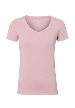 Hellrosa T-Shirt mit kurzen Ärmeln, V-Ausschnitt und schlichtem Design, auf weißem Hintergrund dargestellt.