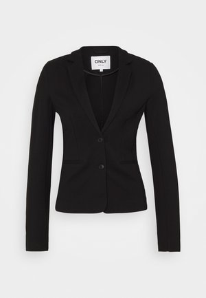 Blazer noir sur mesure avec revers à crans, fermeture à deux boutons sur le devant, manches longues et deux poches fendues, présenté à plat.