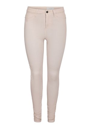 Light beige skinny jeans with button and zip closure, front and back pockets, and belt loops.