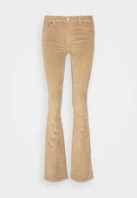 Pantalons évasés en velours côtelé beige avec fermeture à boutons et à glissière, passants de ceinture et poches avant, présentés sur un fond blanc.