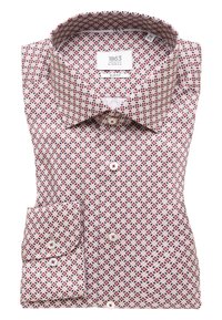 Camicia a motivo rosso e blu, con una vestibilità slim, colletto ripiegato e chiusura con bottoni. Presenta una singola tasca sul petto con tessuto abbinato.