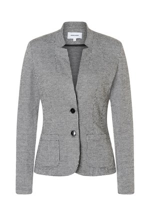 Black and white houndstooth blazer with a fitted silhouette, two buttons, notched lapels, and front pockets. Textured fabric.