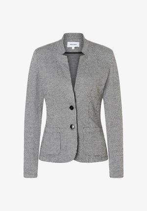 Black and white houndstooth blazer with a fitted silhouette, two buttons, notched lapels, and front pockets. Textured fabric.