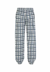 Lichte, katoenen geklede broek met een grijze basis en een marineblauw ruitpatroon, voorzien van een elastische tailleband en taps toelopende boorden.
