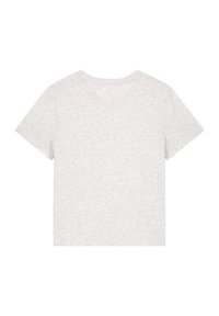 Kurzärmliges, bauchfreies T-Shirt in Hellgrau, aus weichem Stoff mit glatter Textur; einfaches Design, ohne Muster oder Verzierungen.