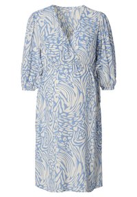 Hellblau und cremefarben gemustertes Midi-Kleid mit Wickeldesign, V-Ausschnitt und elastischem Taillenbund. Mit Puffärmeln und strukturiertem Stoff.