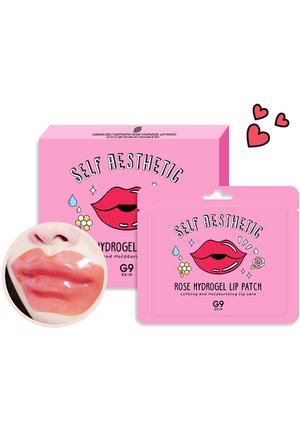 Pink box with "Self Aesthetic" text, containing a rose hydrogel lip patch. Circular inset shows glossed, plump lips on a pale background.