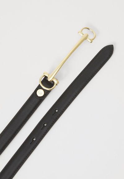 Black leather belt with a gold metal buckle. Features a smooth texture, adjustable holes, and a logo emblem near the buckle.