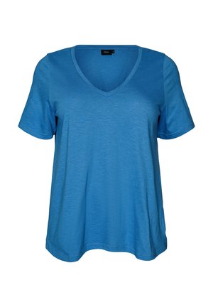 Maglietta da donna blu a maniche corte con scollo a V, vestibilità comoda e tessuto strutturato, appesa su uno sfondo bianco.