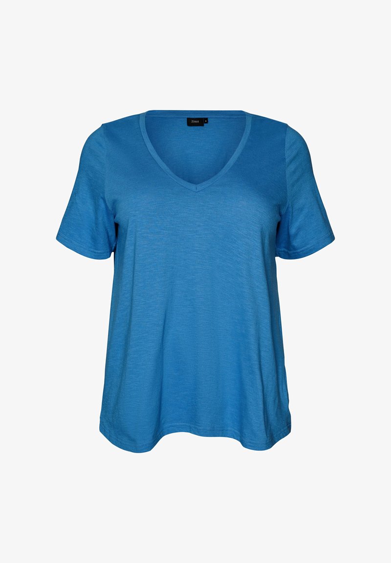 T-shirt bleu à manches courtes et col en V pour femme, coupe décontractée et tissu texturé, suspendu sur un fond blanc.