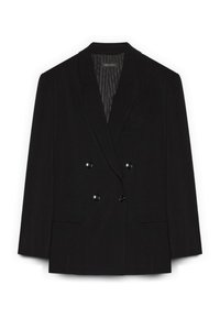 Černý dvouřadý blazer s klopami, který má dvě přední kapsy a černé knoflíky. Vnitřek má vertikální pruhy. Střižený střih.