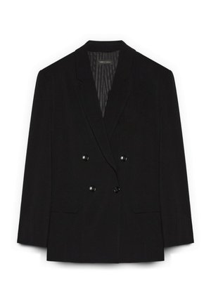 Zwarte dubbele blazer met geknopfelde revers, voorzien van twee voorzakken en zwarte knopen. De binnenzijde heeft verticale strepen. Getailleerde pasvorm.