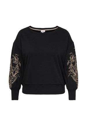Pull noir à manches longues avec broderie florale beige sur les manches et poignets et ourlet côtelés, avec un col rond.