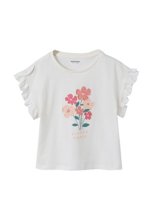 White short-sleeve toddler shirt with ruffled sleeves and pink flower bouquet graphic with "Flower Power" text on front.