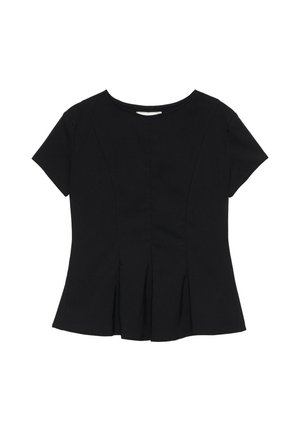 Blouse noire cintrée à manches courtes avec un col rond et des plis devant légèrement évasés à la taille.