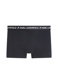 Juodos bokso kelnaitės su prekiniu elastiniu juosmeniu, kuriame baltame fone kartojasi "KARL LAGERFELD" tekstas ir logotipas.