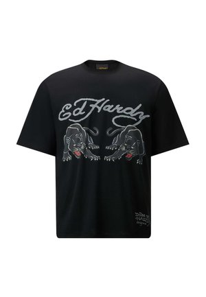 Zwarte katoenen t-shirt met dubbele grafische prints van hurkende panters met rode accenten. "Ed Hardy" logo in gestileerd zilveren lettertype.