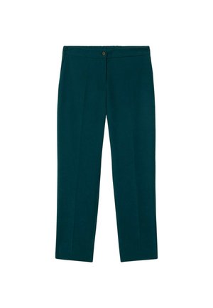Teal broek met een tailored ontwerp, voorzien van een sluiting met een voorknop, riemlussen en twee voorplooien voor structuur.