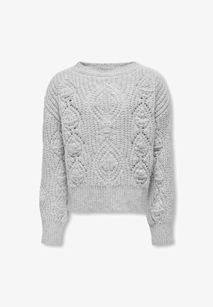 Szürke kötött pulóver, texturált mintával, amely gyémántokat és köröket tartalmaz, széles ujjak és bordás szegély.