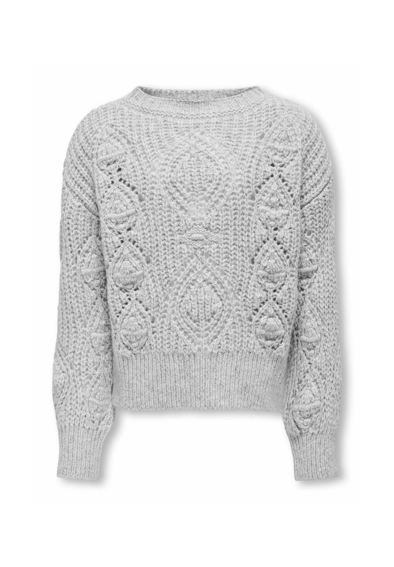 Pull en tricot gris avec un motif texturé comprenant des diamants et des cercles, des manches larges et un ourlet côtelé.