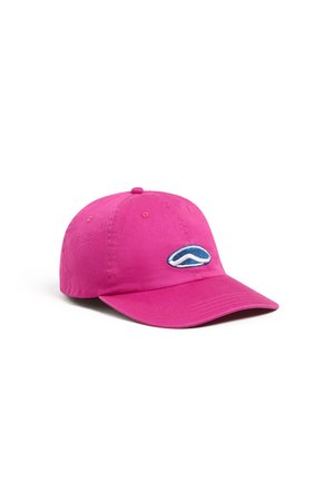 Pink baseball cap made of fabric with a curved visor. Features a blue abstract logo patch on the front. Simple and structured design.