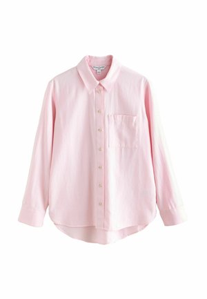 Hellrosa langärmliges Hemd mit Knopfleiste, Kragen, Brusttasche und abgerundetem Saum. Hergestellt aus weichem Stoff mit perlmuttähnlichen Knöpfen.