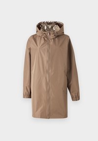 Bruine waterdichte jas met een capuchon, rits aan de voorkant, elastische manchetten en een glanzende binnenvoering. Heeft een iets oversized ontwerp.