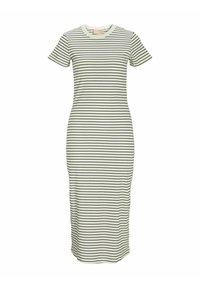 Robe à manches courtes rayée en blanc crème et noir. Fabriquée en tissu côtelé, elle présente une silhouette ajustée et un col rond.