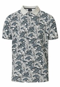 T-shirt polo à manches courtes en gris clair avec un motif de feuilles en gris foncé et blanc. Doté d'un col standard et d'un logo sur la poitrine.
