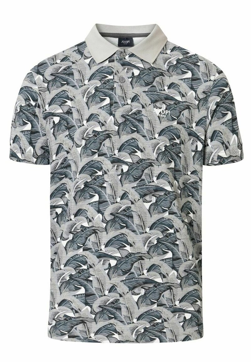 T-shirt polo à manches courtes en gris clair avec un motif de feuilles en gris foncé et blanc. Doté d'un col standard et d'un logo sur la poitrine.