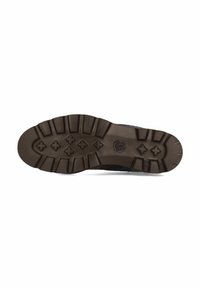Semelle en caoutchouc brun avec un motif de traction multidirectionnel profond ; présente un logo, un profil plat et une construction robuste.