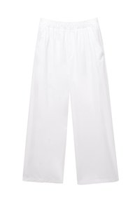 Weiße, weit geschnittene Hose aus glattem Stoff. Verfügt über einen elastischen Bund und Seitentaschen. Einfaches, unauffälliges Design.