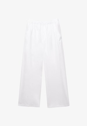 Białe spodnie o szerokich nogawkach, wykonane z gładkiego materiału. Posiadają elastyczny pas i boczne kieszenie. Prosty, bez zdobień fason.