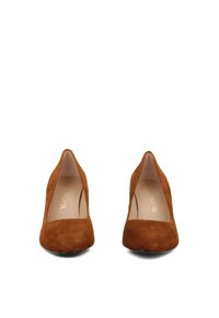 Tacchi alti in suede marrone con punta affusolata e tacco a blocco. Texture liscia, design minimalista e senza hardware o dettagli visibili.