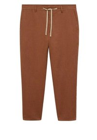 Pantalons marron effilés en tissu doux avec une taille élastique et un cordon de serrage. Dotés de poches latérales et d'une texture lisse.