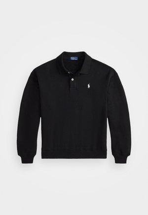 Schwarzer Baumwoll-Polo-Sweatshirt mit langen Ärmeln, gerippten Bündchen und einem Knopfverschluss mit drei Knöpfen. Besitzt ein kleines weißes Logo auf der Brust.