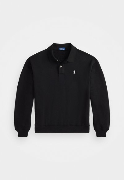 Schwarzer Baumwoll-Polo-Sweatshirt mit langen Ärmeln, gerippten Bündchen und einem Knopfverschluss mit drei Knöpfen. Besitzt ein kleines weißes Logo auf der Brust.